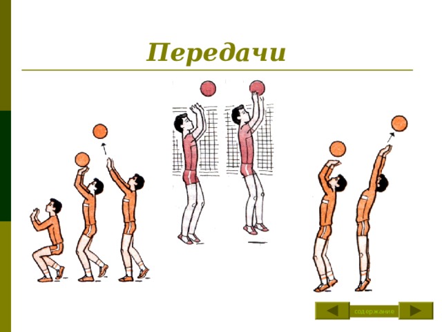 Подачи  Игра начинается подачей. Этим приемом мяч вводится в игру. Соревнования без подачи невозможны. Очко команда также может выиграть только тогда, когда она подавала, а соперник совершил ошибку. ( нижняя прямая подача, верхняя прямая подача) содержание 