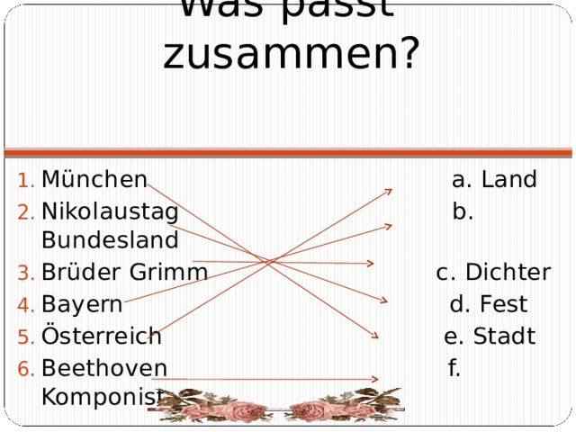 Was passt zusammen?   München a. Land Nikolaustag b. Bundesland Brüder Grimm c. Dichter Bayern d. Fest Österreich e. Stadt Beethoven f. Komponist 