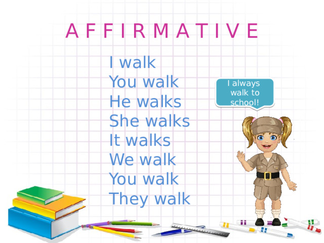 A F F I R M A T I V E I walk You walk He walks She walks It walks We walk You walk They walk I always walk to school! 