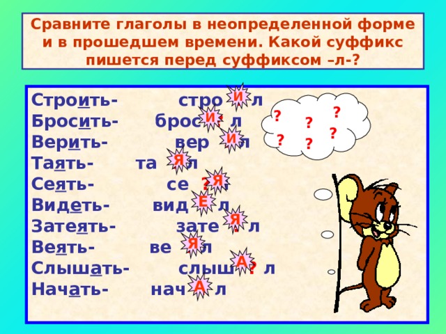 Сравните глаголы в неопределенной форме и в прошедшем времени. Какой суффикс пишется перед суффиксом –л-? И Стро и ть- стро ? л Брос и ть- брос ? л Вер и ть- вер ? л Та я ть- та ? л Се я ть- се ? л Вид е ть- вид ? л Зате я ть- зате ? л Ве я ть- ве ? л Слыш а ть- слыш ? л Нач а ть- нач ? л  ? ? И ? ? И ? ? Я Я Е Я Я А А 