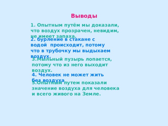 2. бурление в стакане с водой происходит, потому что в трубочку мы выдыхаем воздух.   Выводы 1. Опытным путём мы доказали, что воздух прозрачен, невидим, не имеет запаха. 3.Мыльный пузырь лопается, потому что из него выходит воздух. 4. Человек не может жить без воздуха 5.Опытным путем показали значение воздуха для человека и всего живого на Земле. 