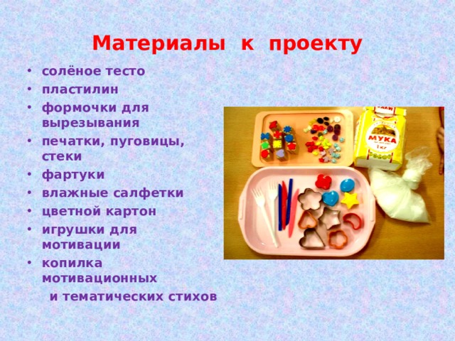 Материалы к проекту солёное тесто пластилин формочки для вырезывания печатки, пуговицы, стеки фартуки влажные салфетки цветной картон игрушки для мотивации копилка мотивационных  и тематических стихов  