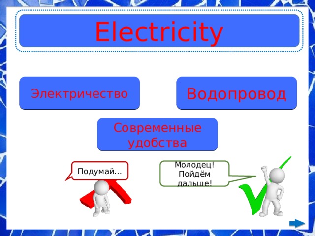 Electricity Электричество Водопровод Современные удобства Молодец! Пойдём дальше! Подумай… 