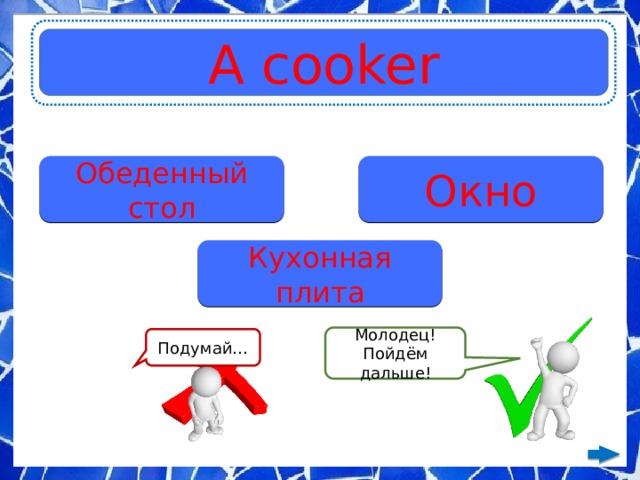 A cooker Обеденный стол Окно Кухонная плита Молодец! Пойдём дальше! Подумай… 