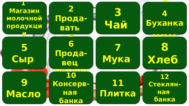 1 2 4 3 1 3 2 Чай A diary Буханка Прода- Магазин молочной To sell Tea вать продукции 4 A loaf 6 A sales- person 7 5 6 5 7 8 Мука Сыр Хлеб Прода- Flour Cheese вец 8 Bread 12 10 11 9 12 11 9 Плитка Стеклян- Консерв- A jar Масло  Butter A bar ная ная банка банка 10 A tin 