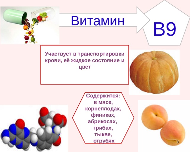 B9 Витамин Участвует в транспортировки крови, её жидкое состояние и цвет   Содержится : в мясе, корнеплодах, финиках, абрикосах, грибах, тыкве,  отрубях  