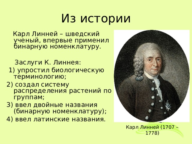 Из истории  Карл Линней – шведский ученый, впервые применил бинарную номенклатуру.  Заслуги К. Линнея:  1) упростил биологическую терминологию; 2) создал систему распределения растений по группам; 3) ввел двойные названия (бинарную номенклатуру); 4) ввел латинские названия. Карл Линней (1707 – 1778) 
