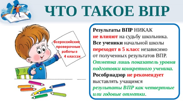 ЧТО ТАКОЕ ВПР Результаты ВПР НИКАК не влияют на судьбу школьника. Все ученики начальной школы переходят в 5 класс независимо от полученных результатов ВПР. Отметка лишь показатель уровня подготовки конкретного ученика. Рособрнадзор  не рекомендует выставлять учащимся результаты ВПР как четвертные или годовые отметки . 