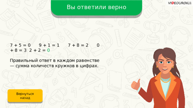 Вы ответили верно 7 + 5 = 0  9 + 1 = 1  7 + 8 = 2  0 + 8 = 3  2 + 2 = 0 Правильный ответ в каждом равенстве — сумма количеств кружков в цифрах. Вернуться назад 