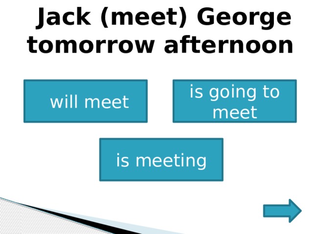     Jack (meet) George tomorrow afternoon       will meet is going to meet is meeting 