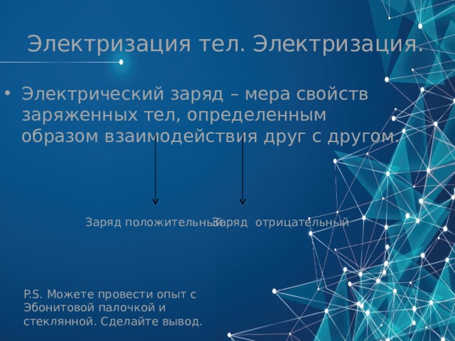 Электризация тел. Электризация. Электрический заряд – мера свойств заряженных тел, определенным образом взаимодействия друг с другом. Заряд положительный Заряд  отрицательный P.S. Можете провести опыт с Эбонитовой палочкой и стеклянной. Сделайте вывод. 