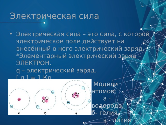 Электрическая сила Электрическая сила – это сила, с которой электрическое поле действует на внесённый в него электрический заряд.  *Элементарный электрический заряд – ЭЛЕКТРОН.  q – электрический заряд.  [ q ] = 1 Кл    Модели атомов: а - водорода, б- гелия, в - лития 