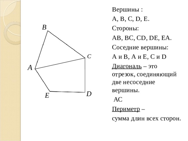 Вершины : А, В, С, D, Е . Стороны: АВ, ВС, С D, DE, EA. Соседние вершины: А и В, А и Е, С и D Диагональ – это отрезок, соединяющий две несоседние вершины.  АС Периметр – сумма длин всех сторон. 