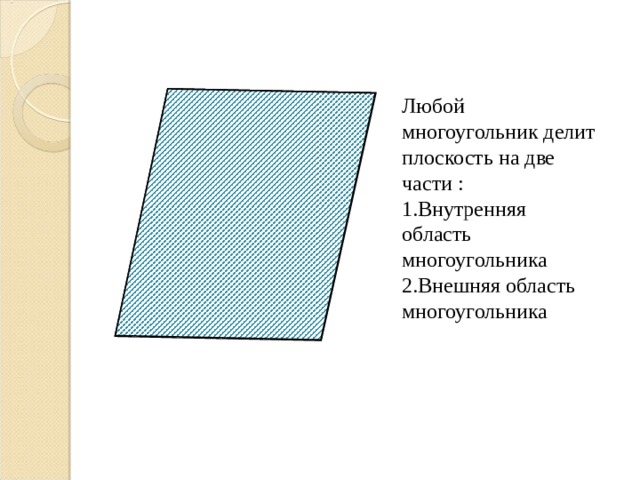 Любой многоугольник делит плоскость на две части : Внутренняя область многоугольника Внешняя область многоугольника 