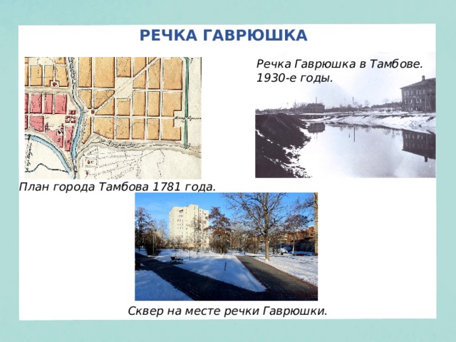 РЕЧКА ГАВРЮШКА Речка Гаврюшка в Тамбове. 1930-е годы.   План города Тамбова 1781 года.  Сквер на месте речки Гаврюшки. 
