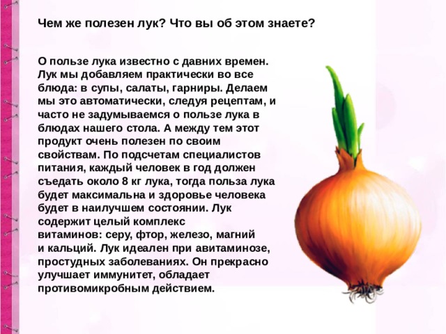 Чем же полезен лук? Что вы об этом знаете? О пользе лука известно с давних времен. Лук мы добавляем практически во все блюда: в супы, салаты, гарниры. Делаем мы это автоматически, следуя рецептам, и часто не задумываемся о пользе лука в блюдах нашего стола. А между тем этот продукт очень полезен по своим свойствам. По подсчетам специалистов питания, каждый человек в год должен съедать около 8 кг лука, тогда польза лука будет максимальна и здоровье человека будет в наилучшем состоянии. Лук содержит целый комплекс витаминов: серу, фтор, железо, магний и кальций. Лук идеален при авитаминозе, простудных заболеваниях. Он прекрасно улучшает иммунитет, обладает противомикробным действием.  