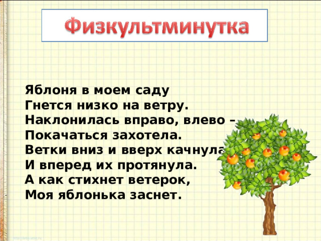 Яблоня в моем саду  Гнется низко на ветру.  Наклонилась вправо, влево –  Покачаться захотела.  Ветки вниз и вверх качнула  И вперед их протянула.  А как стихнет ветерок,  Моя яблонька заснет. 