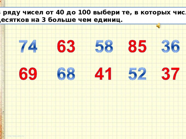 В ряду чисел от 40 до 100 выбери те, в которых число десятков на 3 больше чем единиц. 