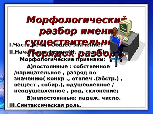 Морфологический разбор имени существительного.  Порядок разбора:   I .Часть речи . Общее значение. II .Начальная форма(И. п., ед.ч.).  Морфологические признаки:  А)постоянные : собственное /нарицательное , разряд по значению( конкр ., отвлеч .(абстр.) , вещест , собир.), одушевленное / неодушевленное , род, склонение;  В)непостоянные: падеж, число. III .Синтаксическая роль. 