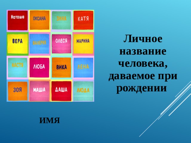  Личное название человека, даваемое при рождении ИМЯ 