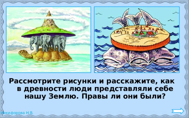 Рассмотрите рисунки и расскажите, как в древности люди представляли себе нашу Землю. Правы ли они были? 
