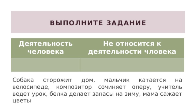 Выполните задание Деятельность человека Не относится к деятельности чловека Собака сторожит дом, мальчик катается на велосипеде, композитор сочиняет оперу, учитель ведет урок, белка делает запасы на зиму, мама сажает цветы 