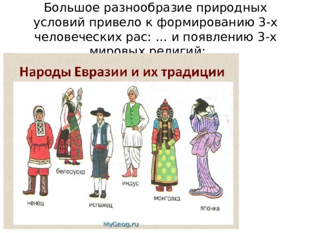 Большое разнообразие природных условий привело к формированию 3-х человеческих рас: … и появлению 3-х мировых религий: … 