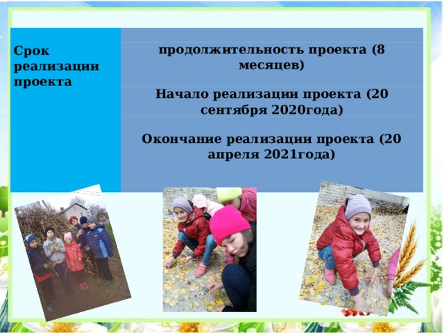   Срок реализации проекта   продолжительность проекта (8 месяцев)   Начало реализации проекта (20 сентября 2020года)   Окончание реализации проекта (20 апреля 2021года) 