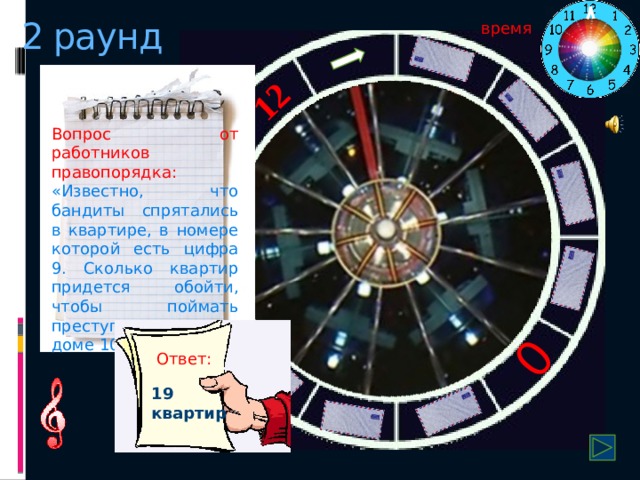 12 0 2 раунд время Вопрос от работников правопорядка: «Известно, что бандиты спрятались в квартире, в номере которой есть цифра 9. Сколько квартир придется обойти, чтобы поймать преступников, если в доме 100 квартир?» Ответ: 19 квартир
