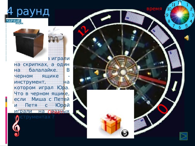 12 0 4 раунд время Спрашивает музыкант: Два мальчика играли на скрипках, а один на балалайке. В черном ящике - инструмент, на котором играл Юра. Что в черном ящике, если Миша с Петей и Петя с Юрой играли на разных инструментах ? Ответ: