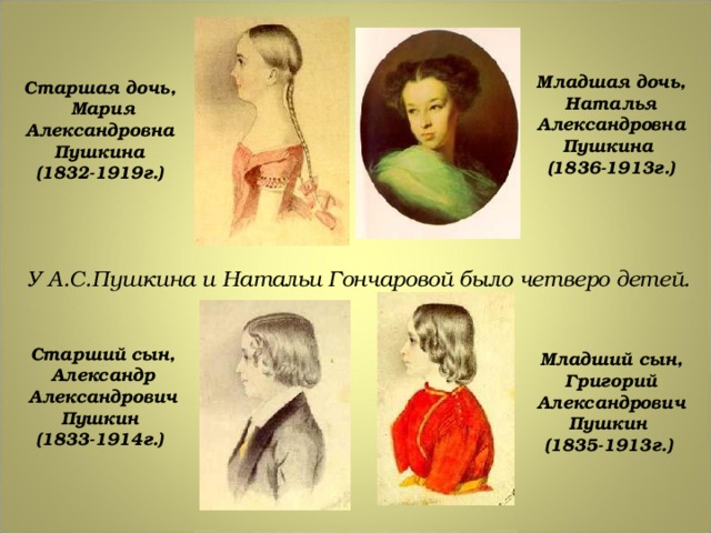 Младшая дочь, Наталья Александровна Пушкина  (1836-1913г.) Старшая дочь, Мария Александровна Пушкина  (1832-1919г.)  У А.С.Пушкина и Натальи Гончаровой было четверо детей. Старший сын, Александр Александрович Пушкин  (1833-1914г.) Младший сын, Григорий Александрович Пушкин  (1835-1913г.)  