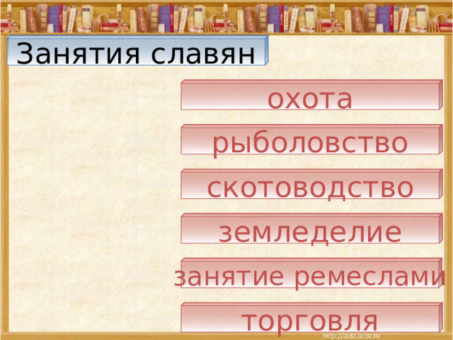 Занятия славян охота рыболовство скотоводство земледелие занятие ремеслами торговля 