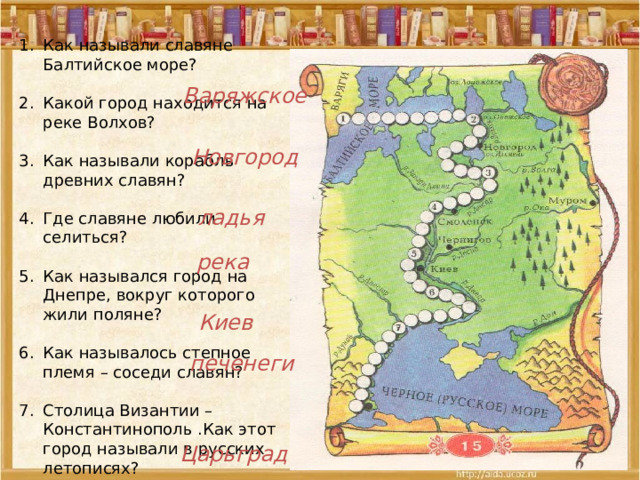 Как называли славяне Балтийское море?  Какой город находится на реке Волхов?  Как называли корабль древних славян?  Где славяне любили селиться?  Как назывался город на Днепре, вокруг которого жили поляне?  Как называлось степное племя – соседи славян?  Столица Византии – Константинополь .Как этот город называли в русских летописях? Варяжское Новгород ладья река Киев печенеги Царьград 