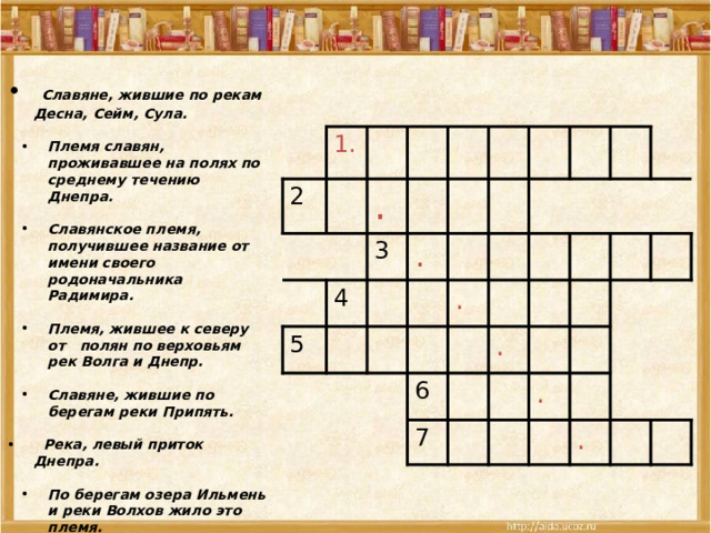  Славяне, жившие по рекам Десна, Сейм, Сула.  Племя славян, проживавшее на полях по среднему течению Днепра. Племя славян, проживавшее на полях по среднему течению Днепра.  Славянское племя, получившее название от имени своего родоначальника Радимира. Славянское племя, получившее название от имени своего родоначальника Радимира.  Племя, жившее к северу от полян по верховьям рек Волга и Днепр. Племя, жившее к северу от полян по верховьям рек Волга и Днепр.  Славяне, жившие по берегам реки Припять.  Славяне, жившие по берегам реки Припять.   Река, левый приток Днепра.   По берегам озера Ильмень и реки Волхов жило это племя.  По берегам озера Ильмень и реки Волхов жило это племя.  2 1. . 4 3 5 .   . 6   . 7       . . 