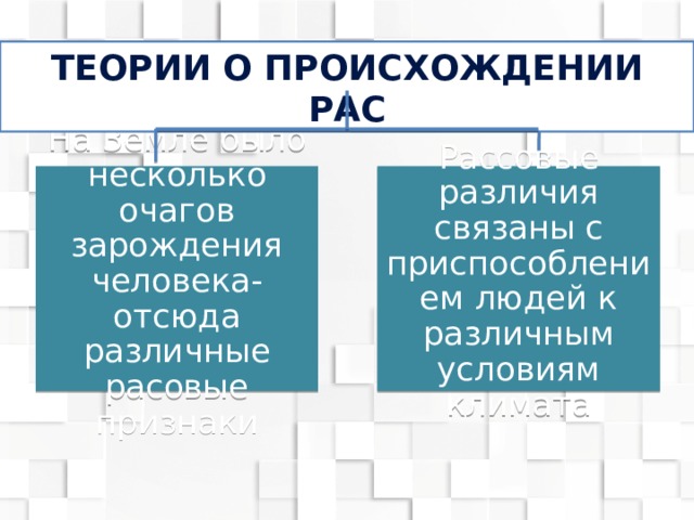 Теории о происхождении рас На Земле было несколько очагов зарождения человека- отсюда различные расовые признаки Рассовые различия связаны с приспособлением людей к различным условиям климата 