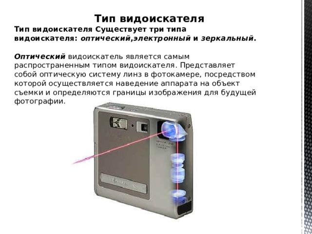  Тип видоискателя  Тип видоискателя Существует три типа видоискателя:  оптический , электронный  и  зеркальный .    Оптический  видоискатель является самым распространенным типом видоискателя. Представляет собой оптическую систему линз в фотокамере, посредством которой осуществляется наведение аппарата на объект съемки и определяются границы изображения для будущей фотографии.    