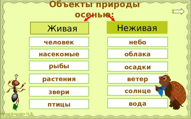 Объекты природы осенью: Неживая  Живая человек небо облака насекомые рыбы осадки растения ветер солнце звери вода птицы 
