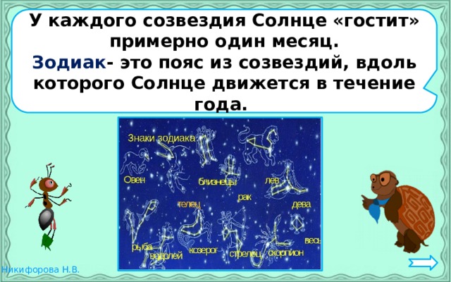 У каждого созвездия Солнце «гостит» примерно один месяц. Зодиак - это пояс из созвездий, вдоль которого Солнце движется в течение года. 