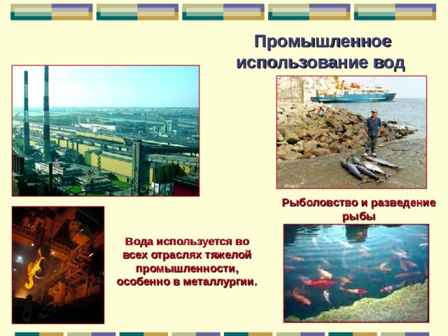 Промышленное использование вод  Рыболовство и разведение рыбы Вода используется во всех отраслях тяжелой промышленности, особенно в металлургии. 