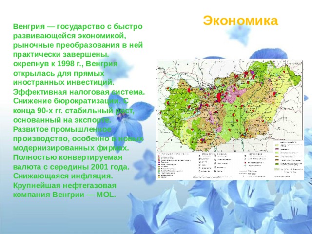 Экономика Венгрия — государство с быстро развивающейся экономикой, рыночные преобразования в ней практически завершены. окрепнув к 1998 г., Венгрия открылась для прямых иностранных инвестиций. Эффективная налоговая система. Снижение бюрократизации. С конца 90-х гг. стабильный рост, основанный на экспорте. Развитое промышленное производство, особенно в новых модернизированных фирмах. Полностью конвертируемая валюта с середины 2001 года. Снижающаяся инфляция. Крупнейшая нефтегазовая компания Венгрии — MOL. 