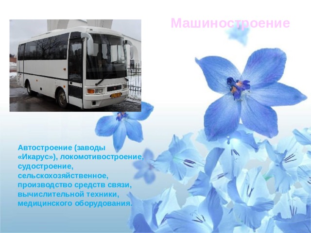 Машиностроение Автостроение (заводы «Икарус»), локомотивостроение, судостроение, сельскохозяйственное, производство средств связи, вычислительной техники, медицинского оборудования. 