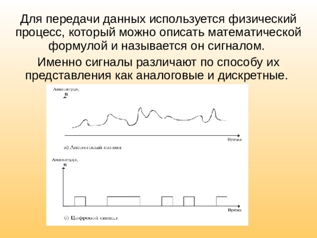Для передачи данных используется физический процесс, который можно описать математической формулой и называется он сигналом. Именно сигналы различают по способу их представления как аналоговые и дискретные. 