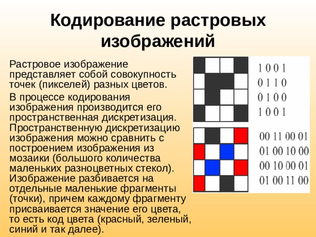 Кодирование растровых изображений Растровое изображение представляет собой совокупность точек (пикселей) разных цветов. В процессе кодирования изображения производится его пространственная дискретизация. Пространственную дискретизацию изображения можно сравнить с построением изображения из мозаики (большого количества маленьких разноцветных стекол). Изображение разбивается на отдельные маленькие фрагменты (точки), причем каждому фрагменту присваивается значение его цвета, то есть код цвета (красный, зеленый, синий и так далее). 