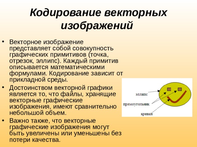 Кодирование векторных изображений  Векторное изображение представляет собой совокупность графических примитивов (точка, отрезок, эллипс). Каждый примитив описывается математическими формулами. Кодирование зависит от прикладной среды. Достоинством векторной графики является то, что файлы, хранящие векторные графические изображения, имеют сравнительно небольшой объем. Важно также, что векторные графические изображения могут быть увеличены или уменьшены без потери качества. 