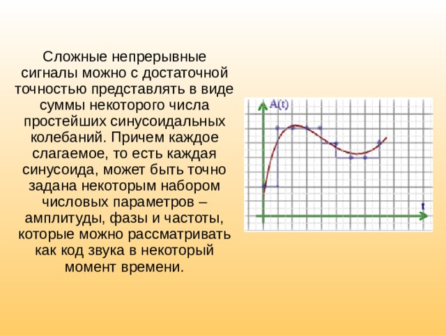 Сложные непрерывные сигналы можно с достаточной точностью представлять в виде суммы некоторого числа простейших синусоидальных колебаний. Причем каждое слагаемое, то есть каждая синусоида, может быть точно задана некоторым набором числовых параметров – амплитуды, фазы и частоты, которые можно рассматривать как код звука в некоторый момент времени. 