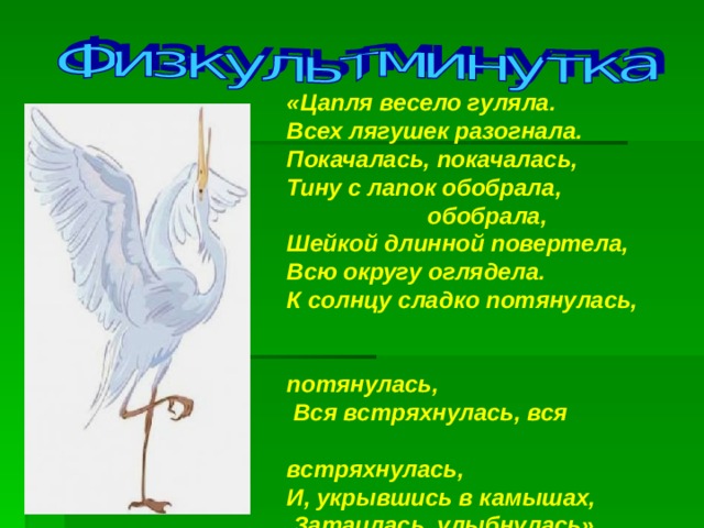 «Цапля весело гуляла. Всех лягушек разогнала. Покачалась, покачалась, Тину с лапок обобрала,    обобрала, Шейкой длинной повертела, Всю округу оглядела. К солнцу сладко потянулась,  потянулась,  Вся встряхнулась, вся  встряхнулась, И, укрывшись в камышах,  Затаилась, улыбнулась» 