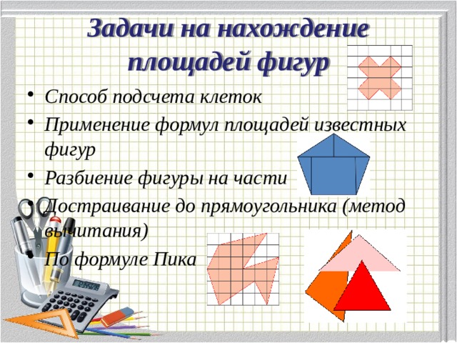 Задачи на нахождение площадей фигур Способ подсчета клеток Применение формул площадей известных фигур  Разбиение фигуры на части Достраивание до прямоугольника (метод вычитания) По формуле Пика 