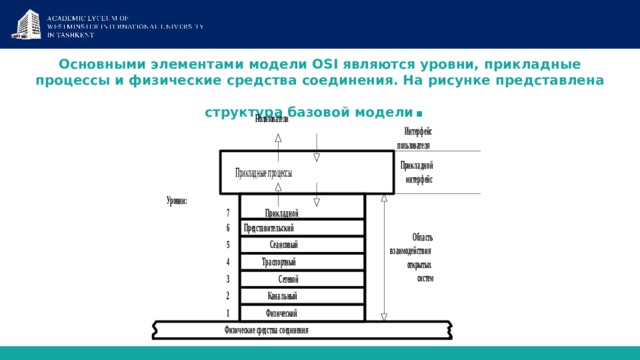 Основными элементами модели OSI являются уровни, прикладные процессы и физические средства соединения. На рисунке представлена структура базовой модели .   