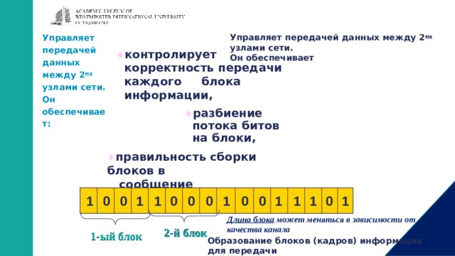Управляет передачей данных между 2 мя  узлами сети.  Он обеспечивает Управляет передачей данных между 2 мя  узлами сети.  Он обеспечивает: контролирует корректность передачи каждого блока информации, контролирует корректность передачи каждого блока информации, разбиение потока битов на блоки, разбиение потока битов на блоки, разбиение потока битов на блоки, разбиение потока битов на блоки, разбиение потока битов на блоки, разбиение потока битов на блоки, правильность сборки блоков в  сообщение 0 0 0 0 0 0 1 0 0 1 1 1 1 1 1 1 Длина блока может меняться в зависимости от качества канала 2-й блок 1-ый блок Образование блоков (кадров) информации для передачи  