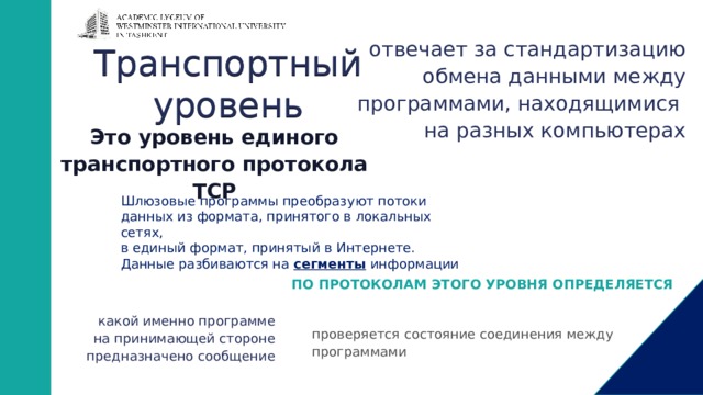 отвечает за стандартизацию обмена данными между программами, находящимися  на разных компьютерах Транспортный уровень Это уровень единого транспортного протокола TCP Шлюзовые программы преобразуют потоки данных из формата, принятого в локальных сетях,  в единый формат, принятый в Интернете.  Данные разбиваются на сегменты  информации ПО ПРОТОКОЛАМ ЭТОГО УРОВНЯ ОПРЕДЕЛЯЕТСЯ какой именно программе  на принимающей стороне  предназначено сообщение проверяется состояние соединения между программами 